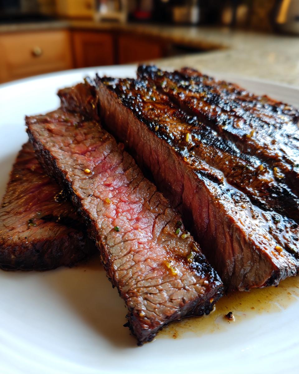 Corte cercano de carne asada jugosa con costra dorada y jugos en plato blanco