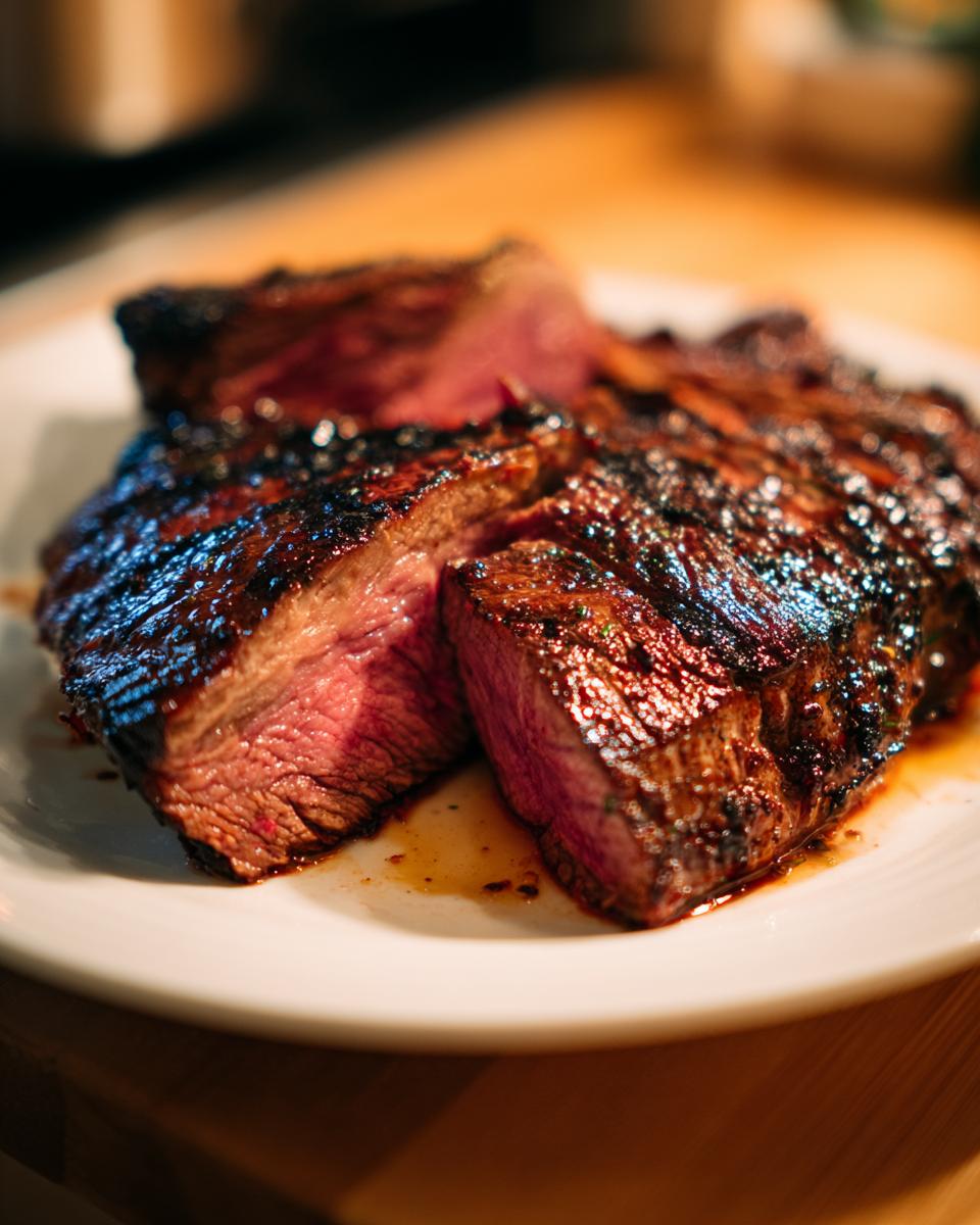 Trozo de carne asada jugosa y bien dorada sobre un plato blanco con jugos.