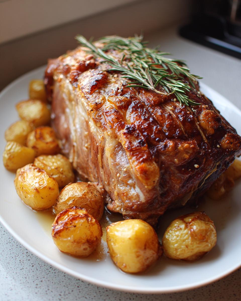 Carne asada con corteza dorada acompañada de papas rostizadas en plato blanco