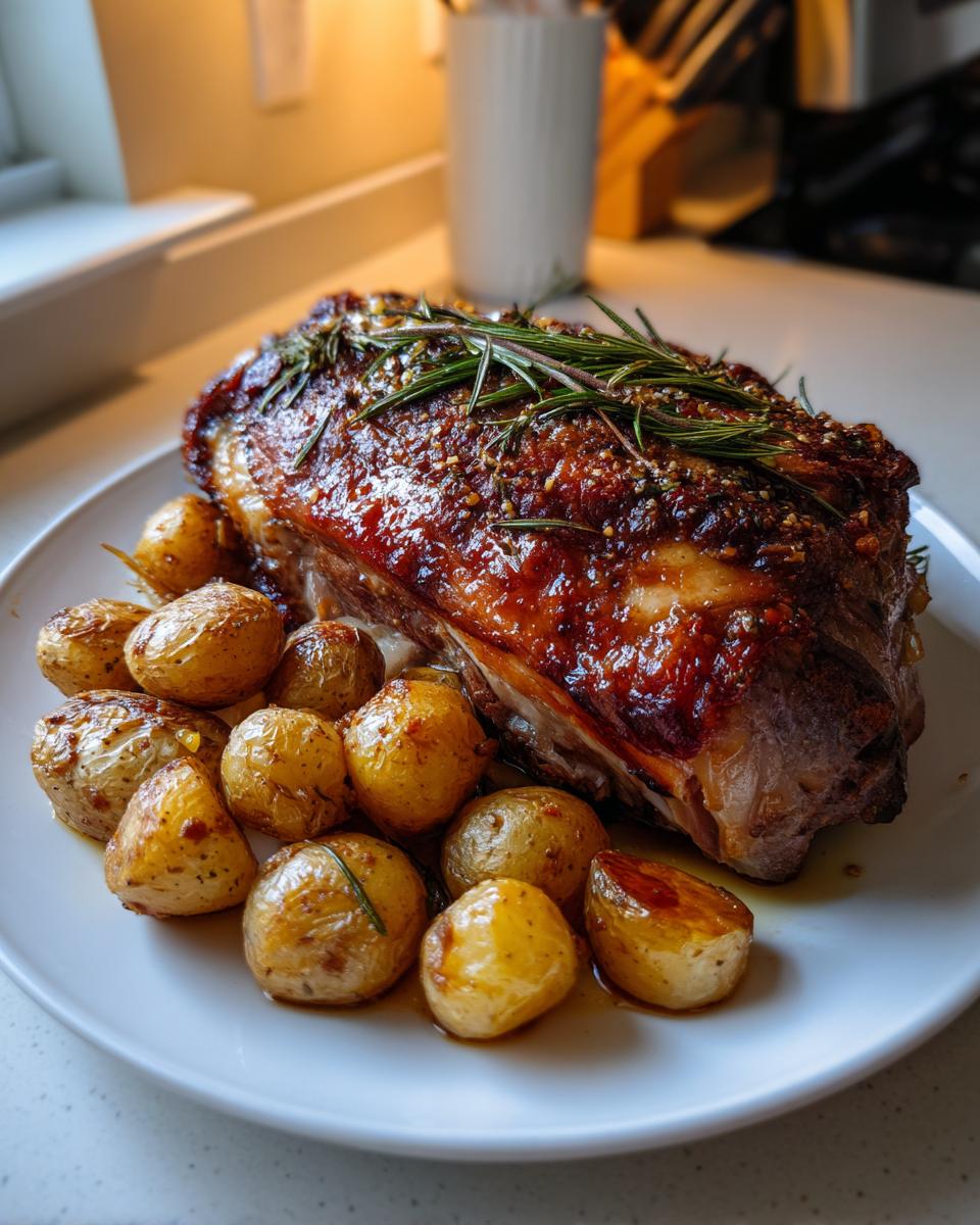 Plato con carne asada y papas al horno, decorado con ramitas de romero, receta de nochebuena fáciles