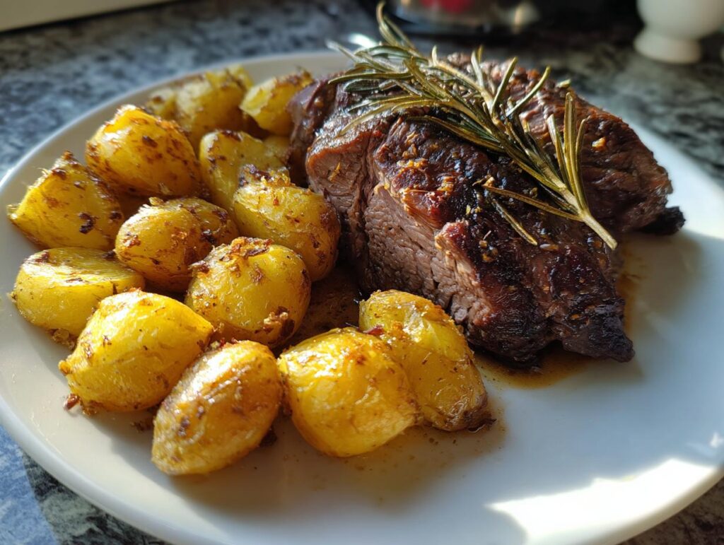 Plato con carne asada decorada con romero y papas rostizadas doradas, menú navideño fácil