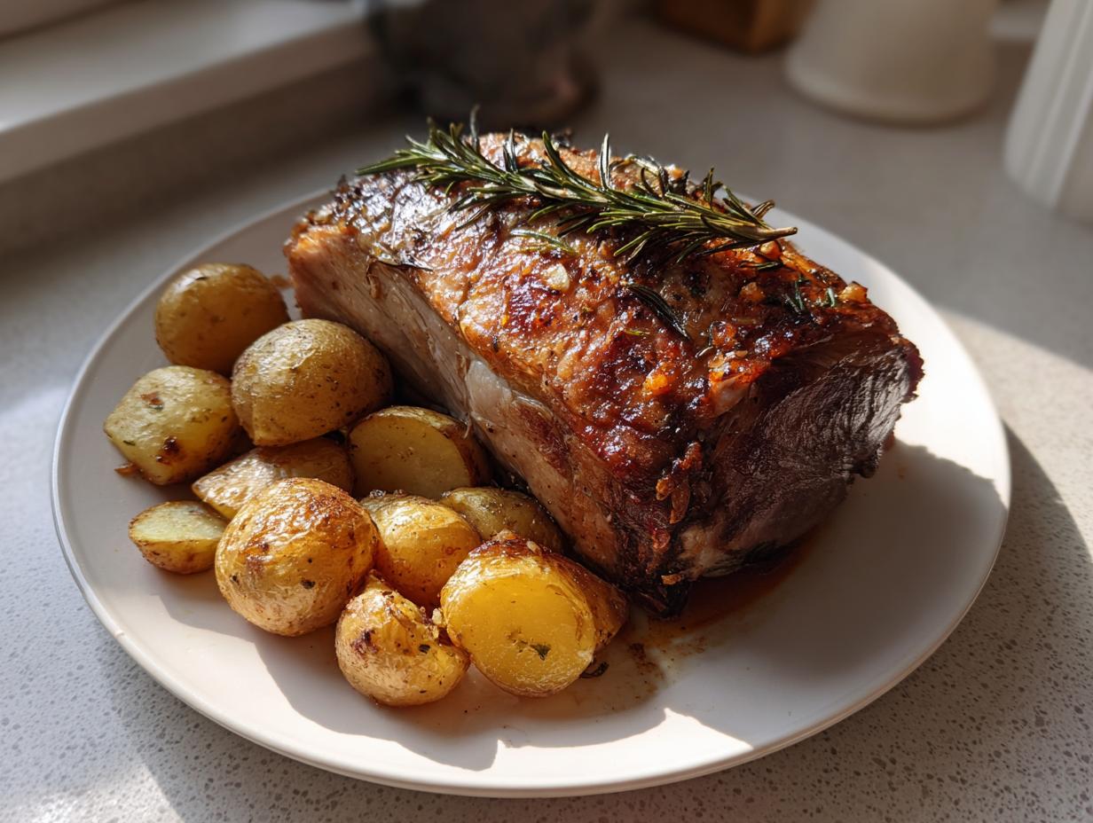 Carne asada con corte crujiente acompañada de papas rostizadas doradas en plato blanco
