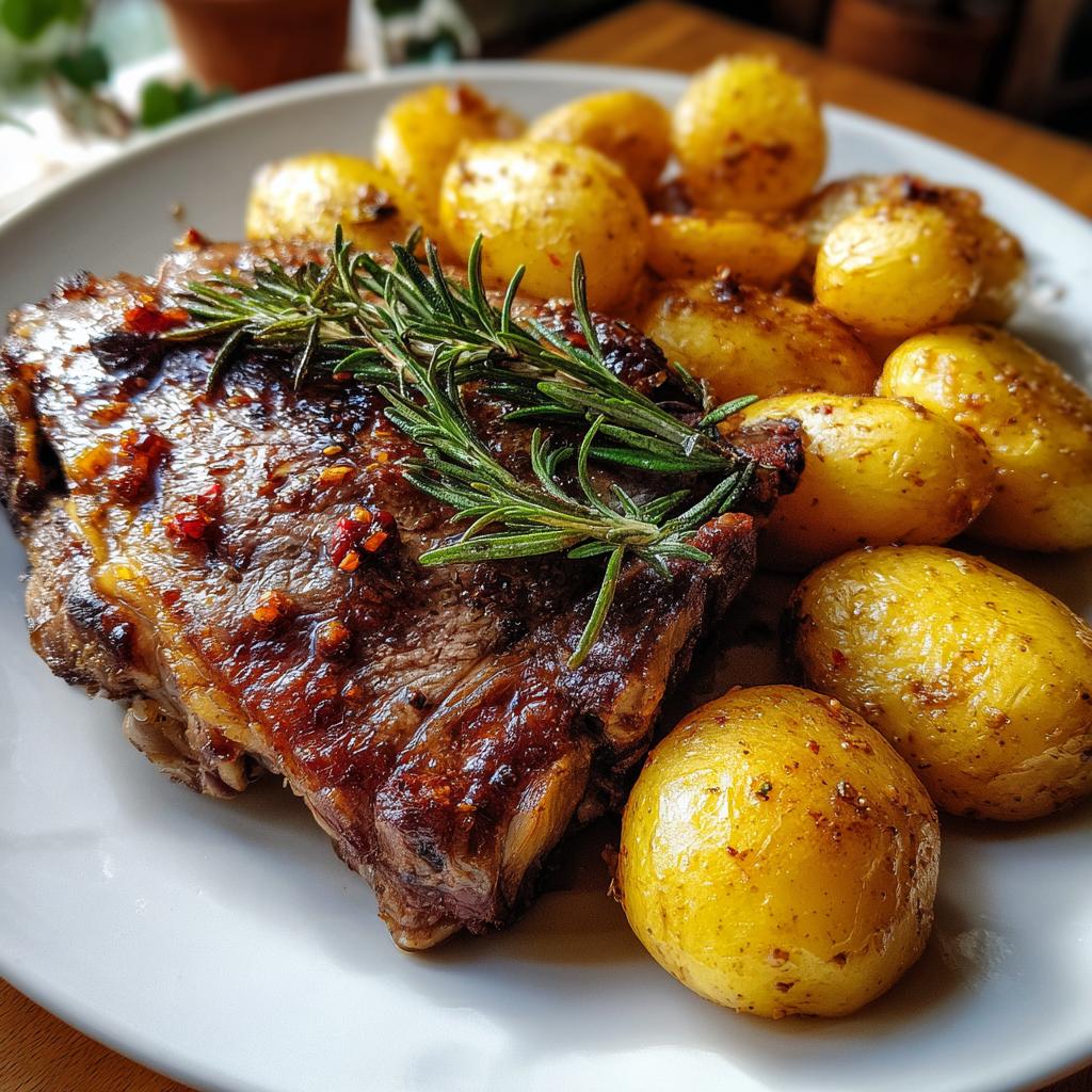 Carne asada con romero y papas pequeñas doradas, ideal para ideas de menú navideño fácil