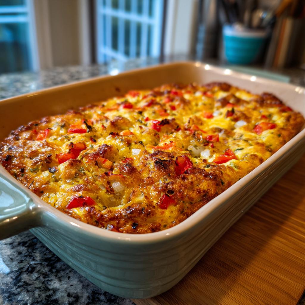 Primer plano de una cazuela de desayuno recién horneada con pimientos rojos, cebolla y hierbas.