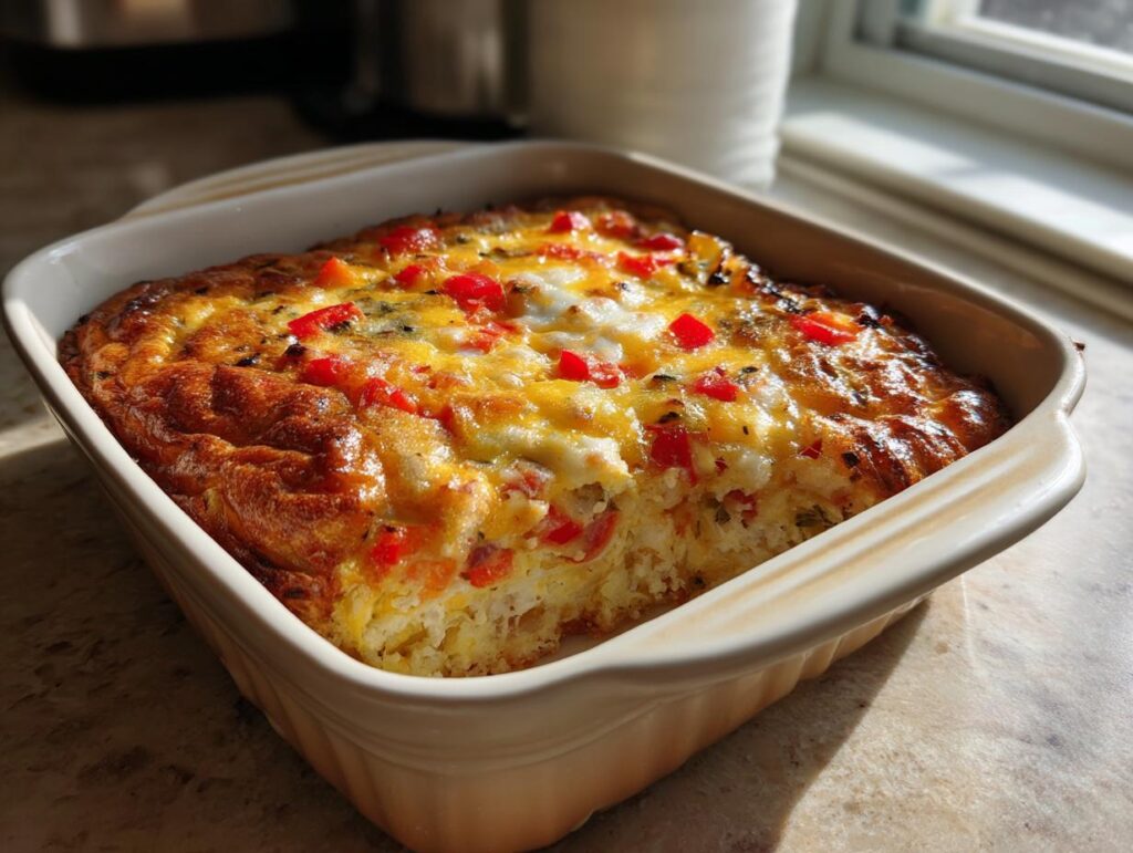 Primer plano de una cazuela de desayuno recién horneada con pimientos rojos y queso derretido.