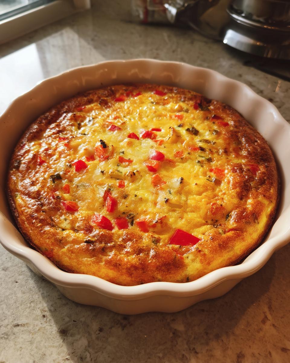 Primer plano de una cazuela de desayuno dorada y burbujeante con trozos de pimiento rojo en un plato para hornear blanco.