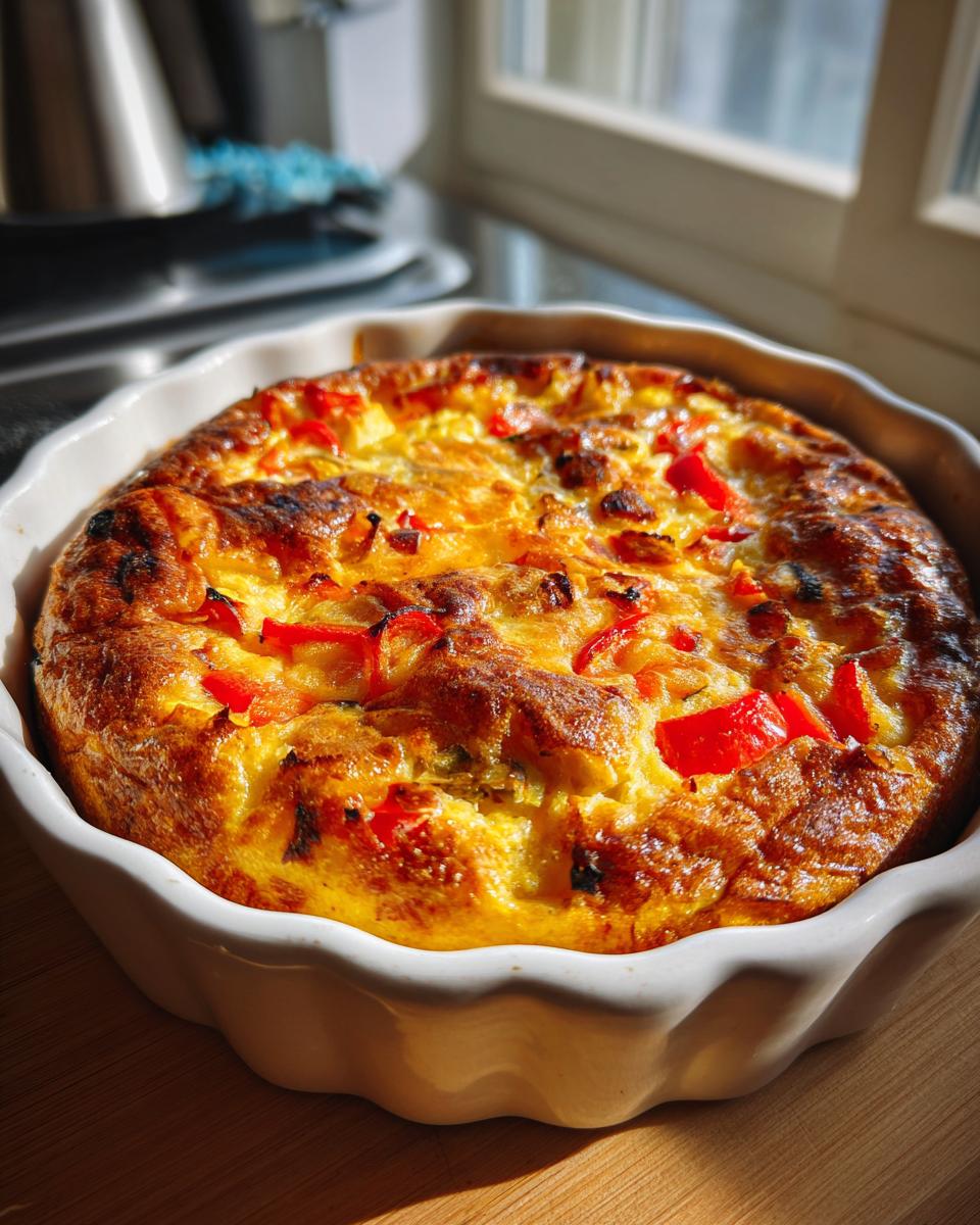 Primer plano de una cazuela de desayuno dorada y esponjosa con trozos de pimiento rojo.