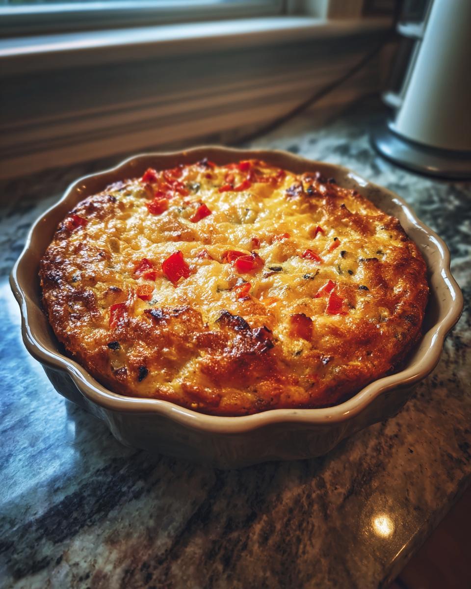 Primer plano de una cazuela de desayuno recién horneada, dorada y con trozos de pimiento rojo.