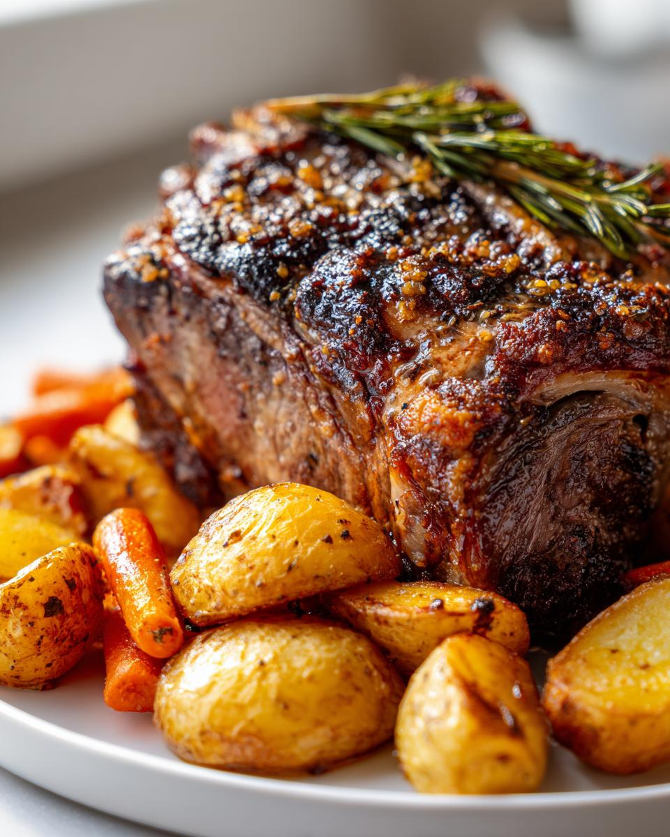Primer plano de un asado jugoso con hierbas, rodeado de patatas asadas y zanahorias, perfecto para una cena de Año Nuevo.