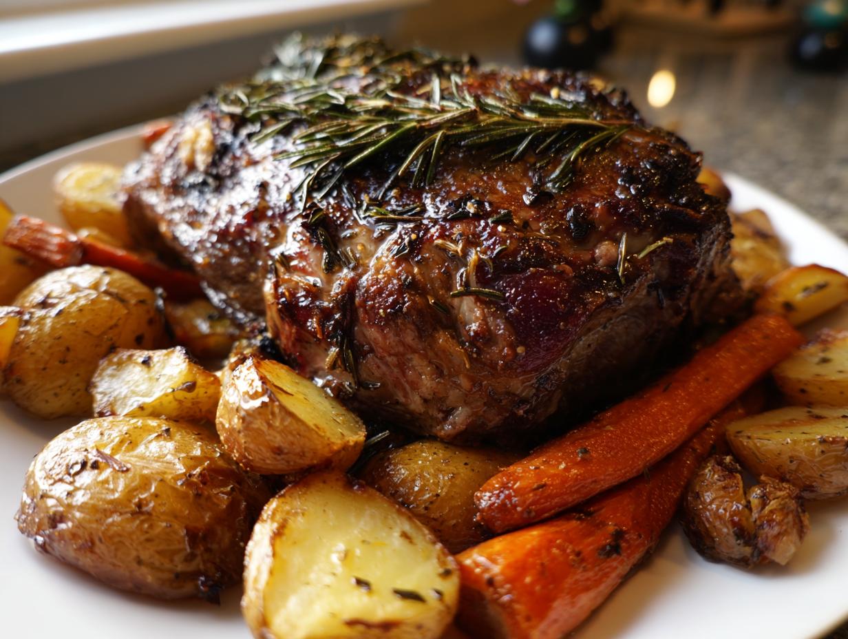 Primer plano de una jugosa carne asada con romero, servida con patatas doradas y zanahorias asadas, perfecta para una cena de Año Nuevo.