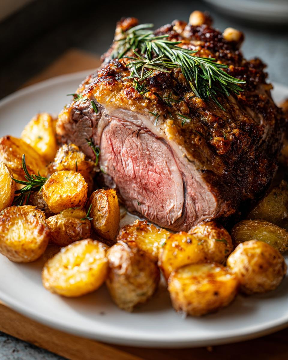 Primer plano de un jugoso cordero asado con patatas doradas, perfecto para una cena de fin de año.