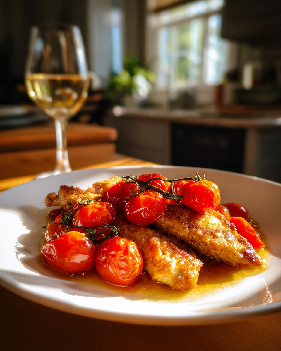 Plato de pescado con tomates cherry y una copa de vino blanco, ideal para cenas para dos fáciles.