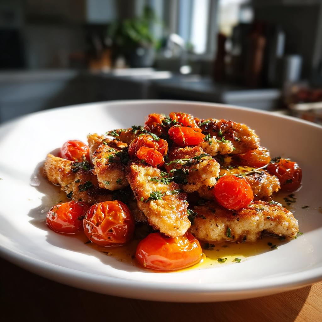 Plato de pollo crujiente con tomates cherry asados y hierbas frescas, ideal para cenas para dos fáciles.