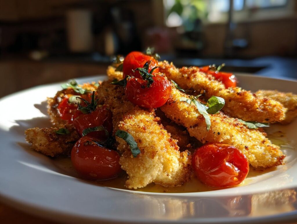 Primer plano de pollo empanizado crujiente servido con tomates cherry asados y albahaca, perfecto para cenas para dos fáciles.