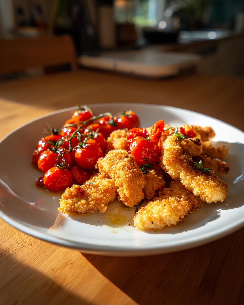 Primer plano de tiras de pollo crujientes con tomates cherry asados, una opción de cenas para dos fáciles y deliciosas.