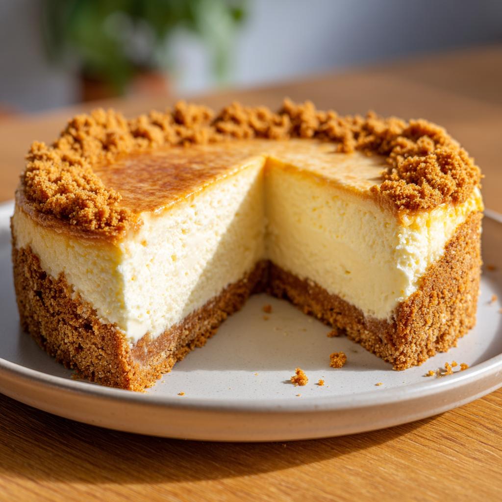 Primer plano de una deliciosa cheesecake recetas con base de galleta y cobertura crujiente de galleta triturada.