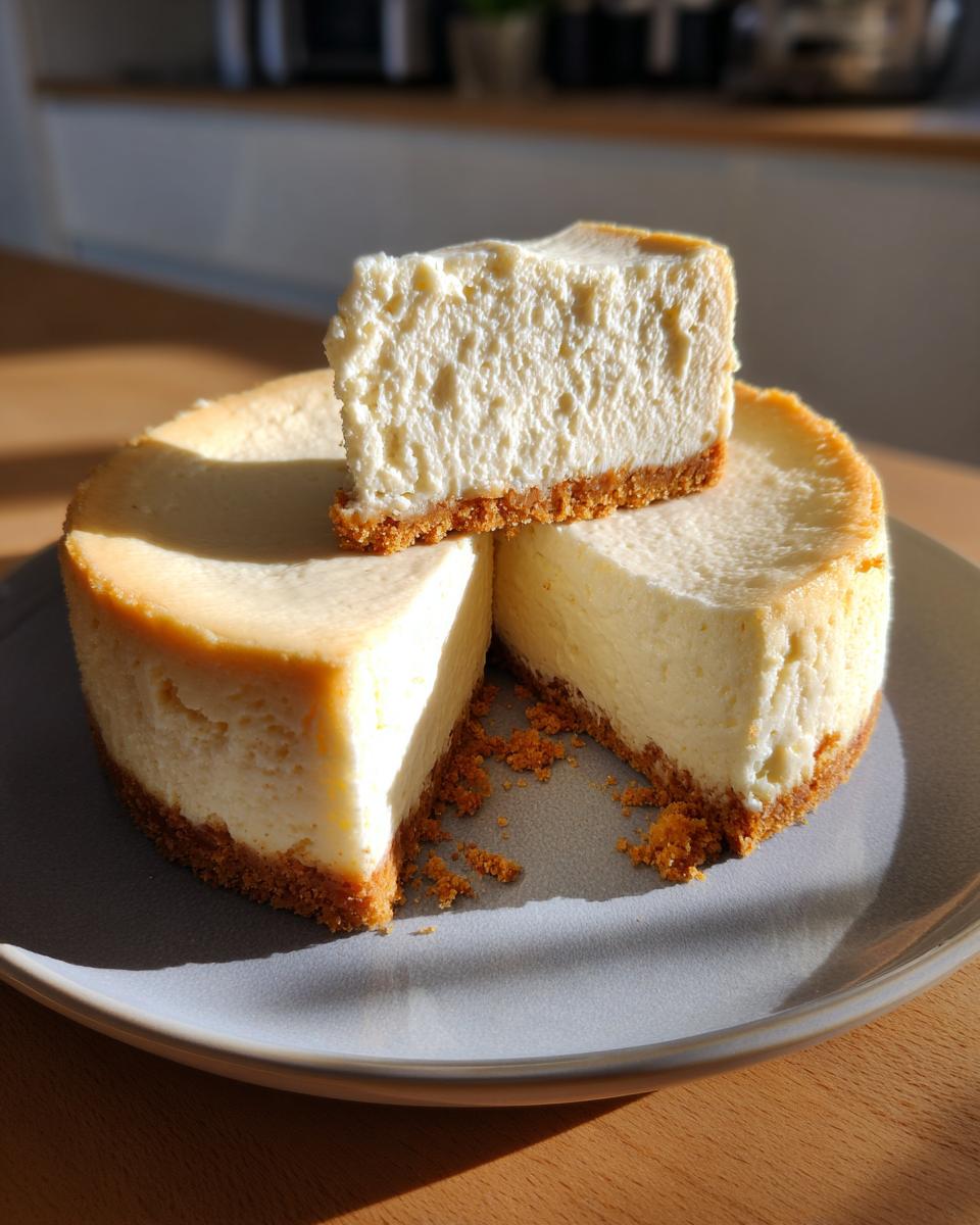 Una porción de cheesecake perfecta apilada sobre una cheesecake entera, mostrando la base crujiente y el relleno cremoso.