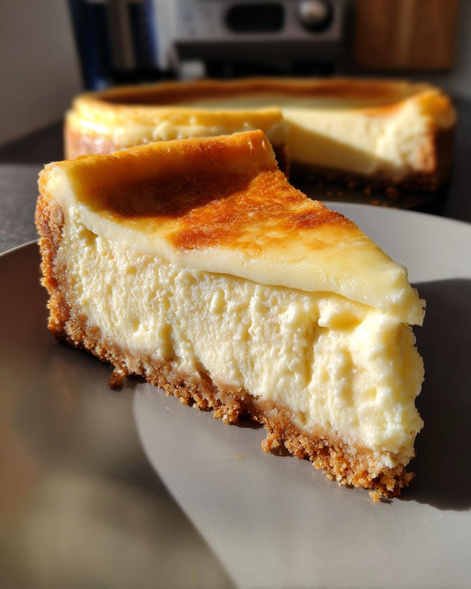 Primer plano de una rebanada de cheesecake con base crujiente y relleno cremoso, parte de las recetas de cheesecake.