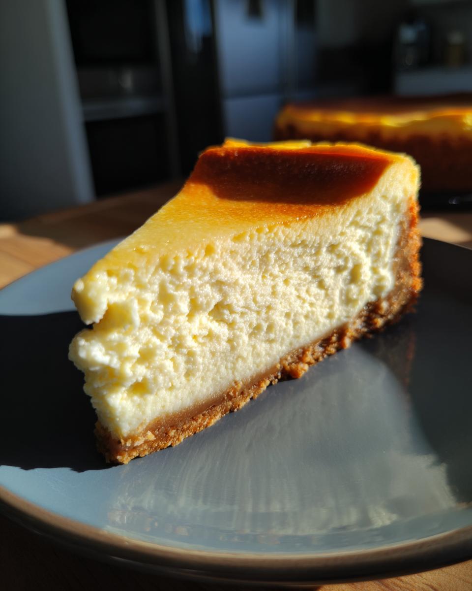 Primer plano de una rebanada de cheesecake cremoso con base de galleta, parte de nuestras deliciosas cheesecake recetas.