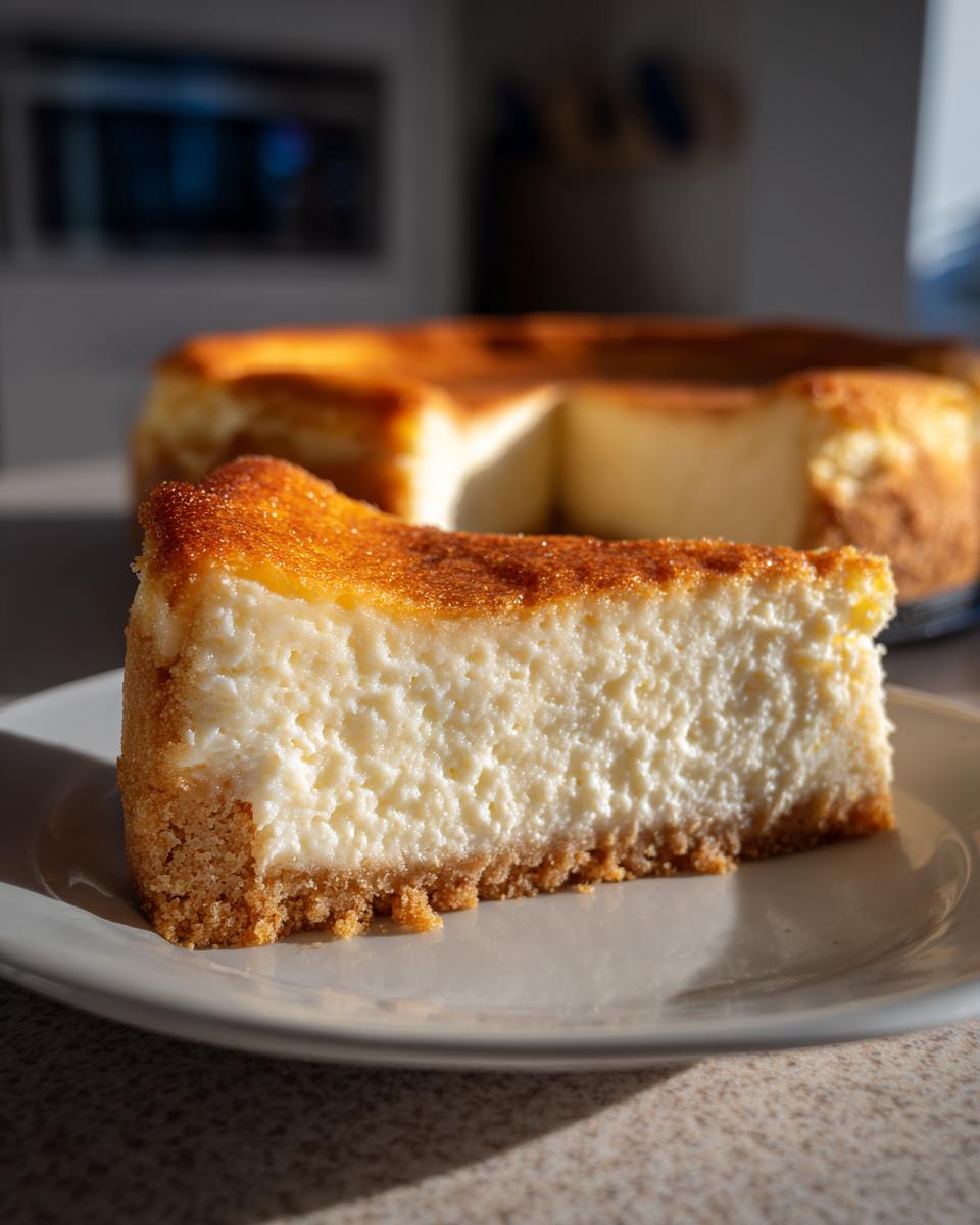 Primer plano de una rebanada de cheesecake cremosa con base de galleta, parte de la cheesecake completa al fondo.