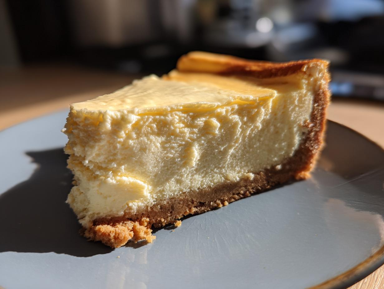 Primer plano de una rebanada de cheesecake con base crujiente y relleno cremoso.