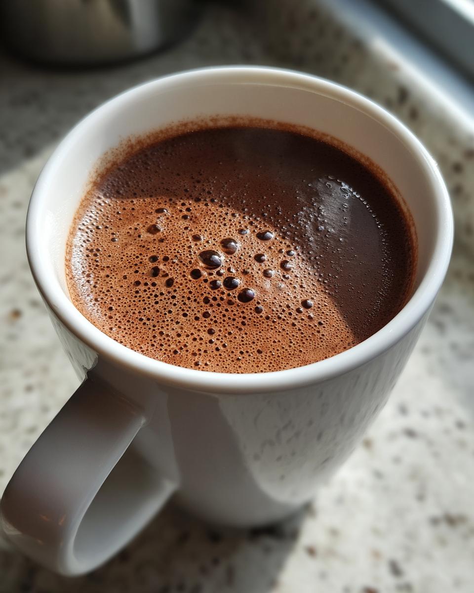 Primer plano de una taza blanca llena de chocolate caliente viral con espuma burbujeante y rica.