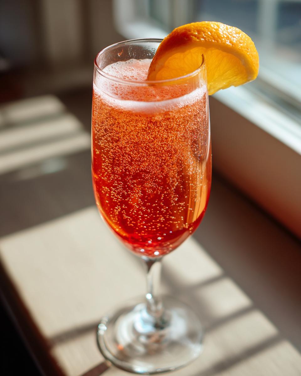 Primer plano de un cóctel de Año Nuevo burbujeante y rojo, adornado con una rodaja de naranja.