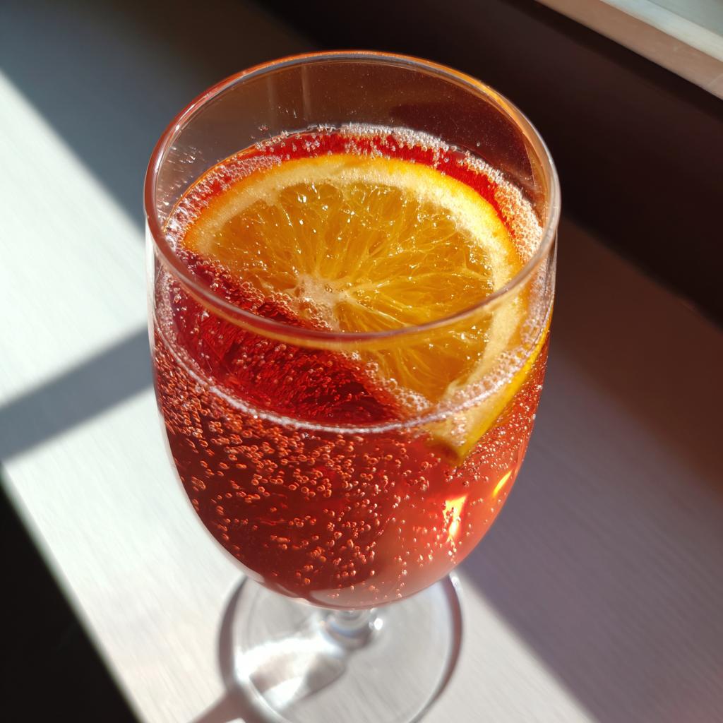 Primer plano de un cóctel de Año Nuevo burbujeante de color rojo, adornado con una rodaja de naranja fresca.