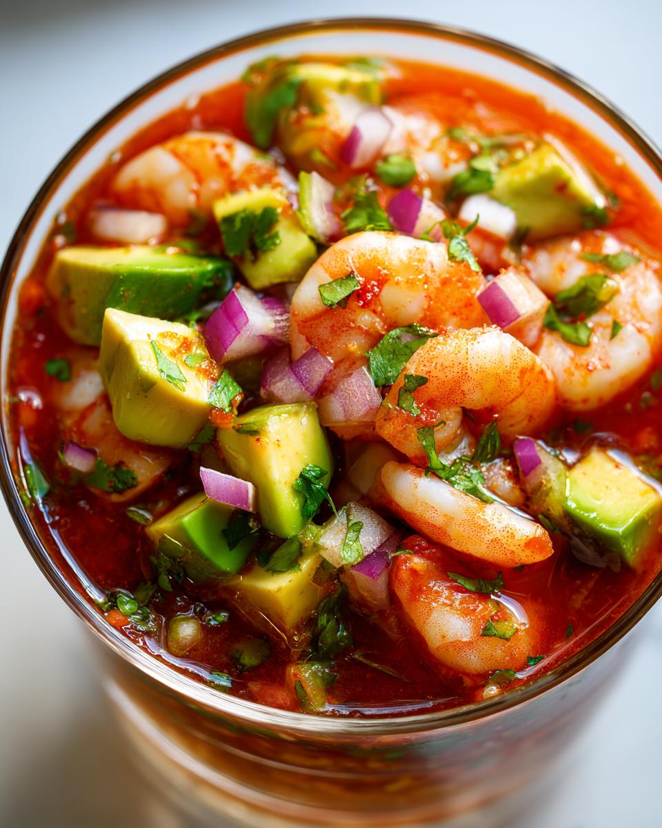 Cóctel de camarones con aguacate, cebolla morada y cilantro en salsa roja.