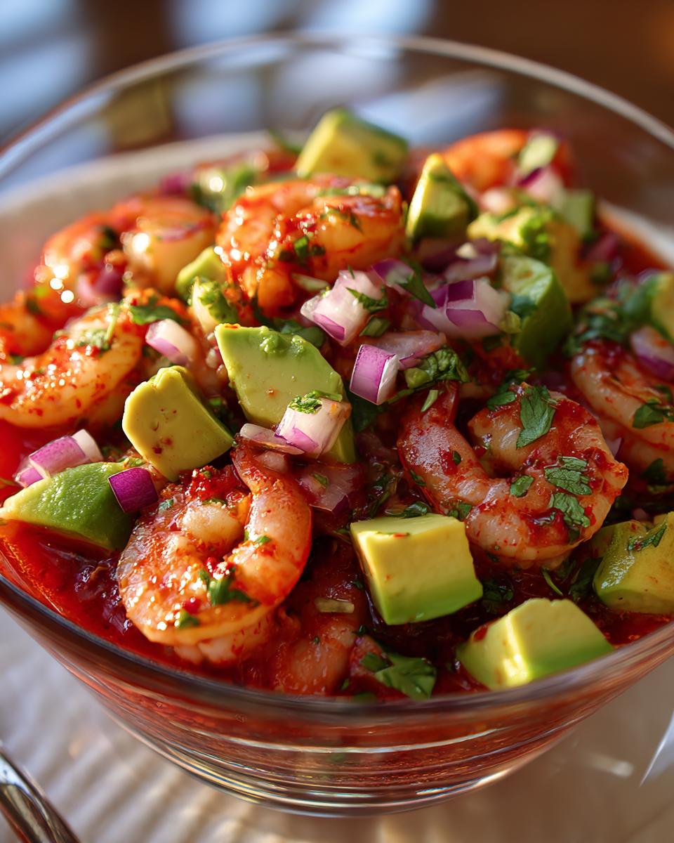 Cóctel de camarones con aguacate, cebolla morada y salsa roja en un tazón de vidrio.