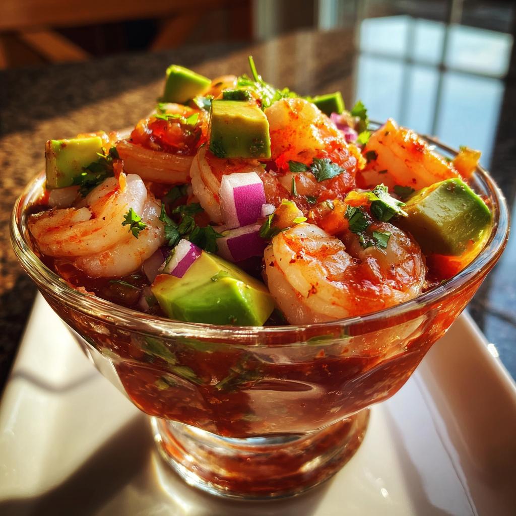 Cóctel de camarones con aguacate, cebolla morada y salsa roja en vaso de cristal.