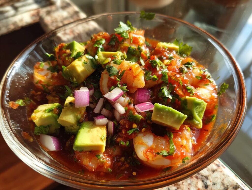 Cóctel de camarones con salsa roja, aguacate y cebolla morada, ideal para recetas de mariscos navideños