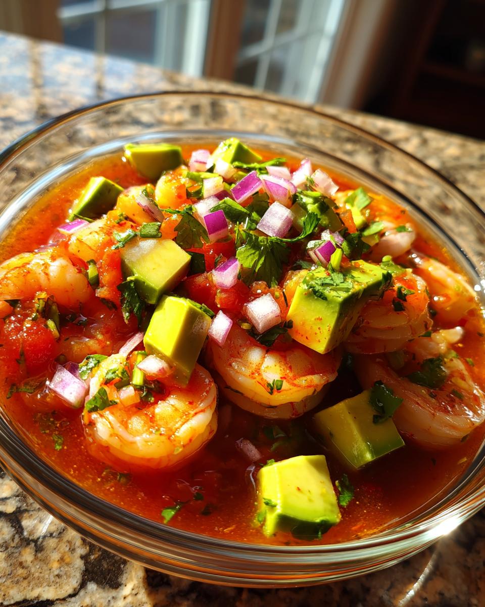Tazón con cóctel de camarones en salsa roja, cubierto con aguacate, cebolla morada y cilantro fresco