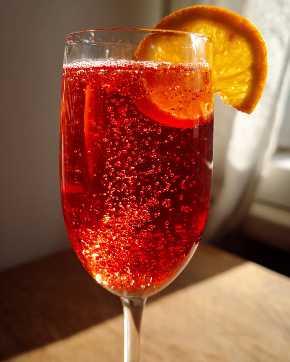 Primer plano de un cóctel rojo burbujeante con una rodaja de naranja en el borde, ideal para cócteles de Año Nuevo.