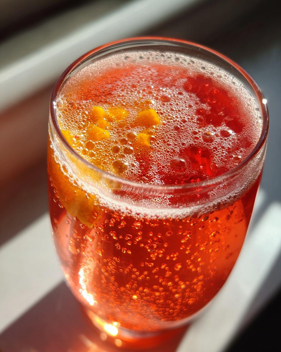 Primer plano de un cóctel rojo burbujeante con trozos de naranja, perfecto para cócteles de Año Nuevo.