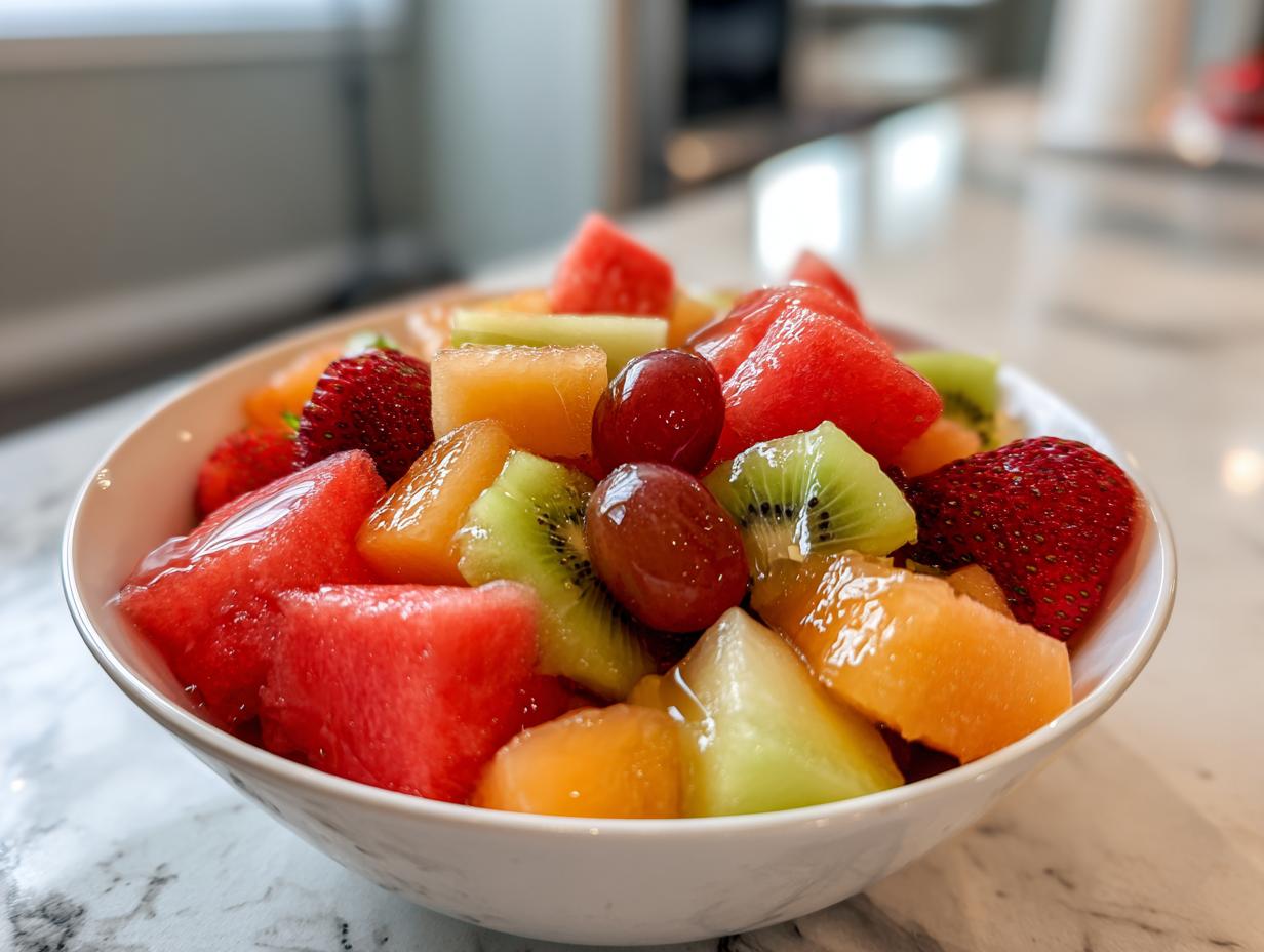Primer plano de una ensalada de frutas frescas con sandía, melón, kiwi, fresas y uvas, perfecta para comida para año nuevo.