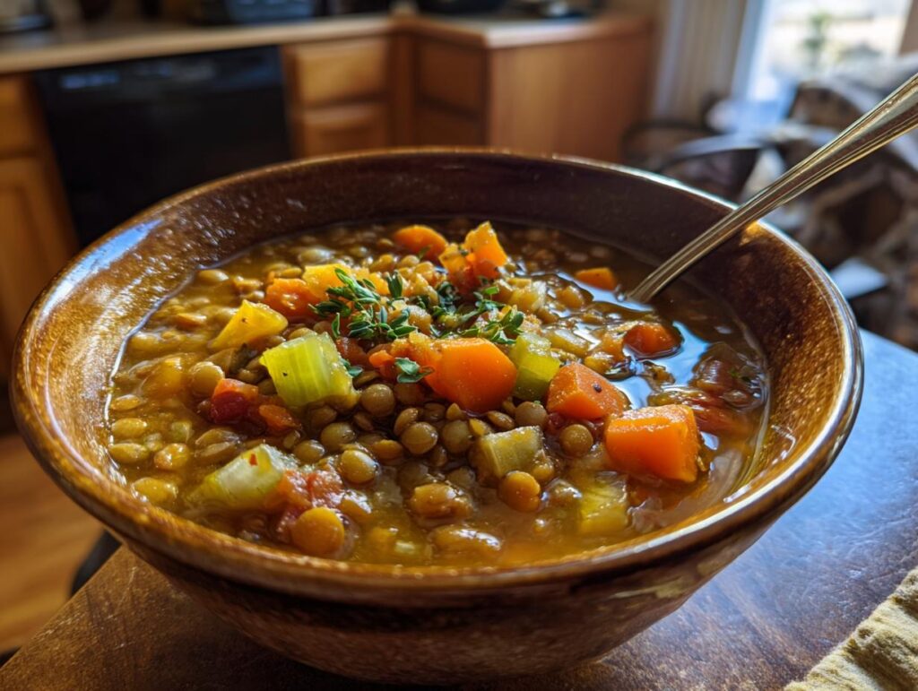 Primer plano de un cuenco rústico de comida para Nochevieja con un reconfortante guiso de lentejas, zanahorias y apio, adornado con hierbas frescas.