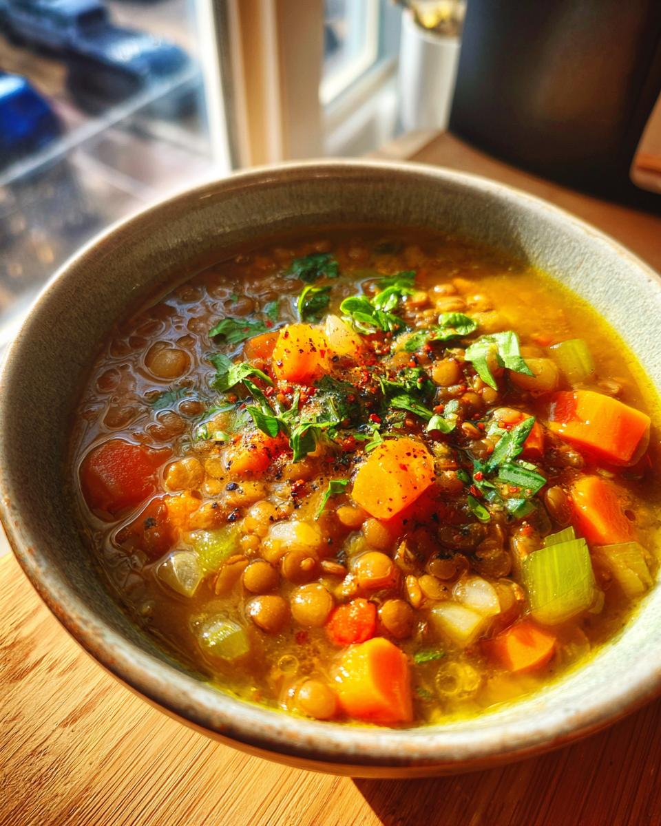 Primer plano de un cuenco de guiso de lentejas con zanahoria, apio y hierbas, perfecto como comida para Nochevieja.