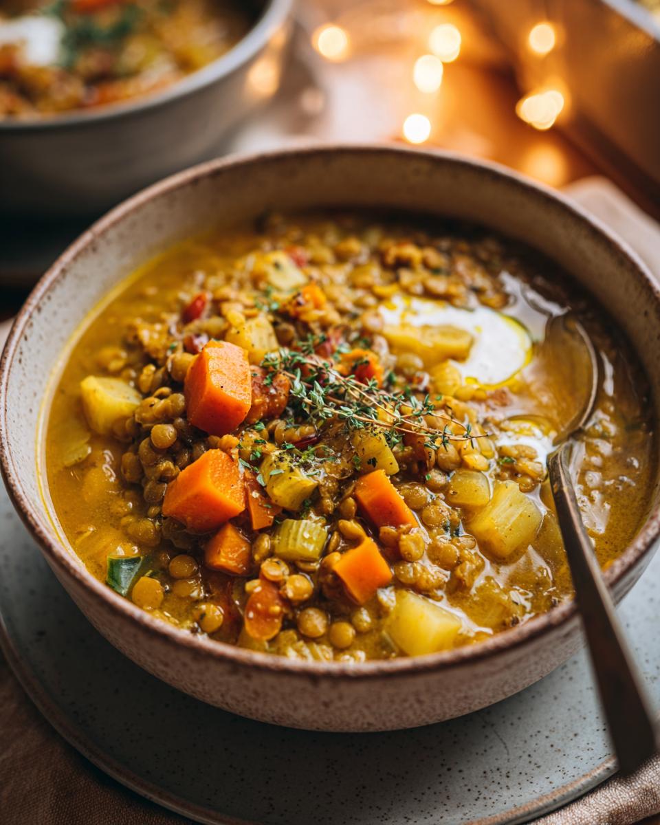 Primer plano de un tazón de lentejas con verduras, zanahoria y patata, perfecto para la comida de Nochevieja.