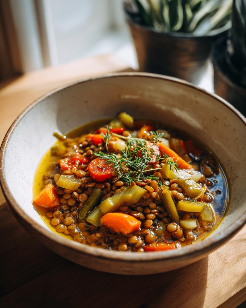 Primer plano de un cuenco de lentejas con verduras, zanahoria y hierbas frescas, ideal para la comida de Nochevieja.