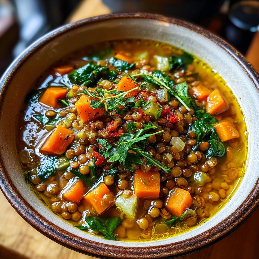Primer plano de un tazón de comida para Nochevieja con lentejas, zanahorias en cubos y verduras de hoja verde.