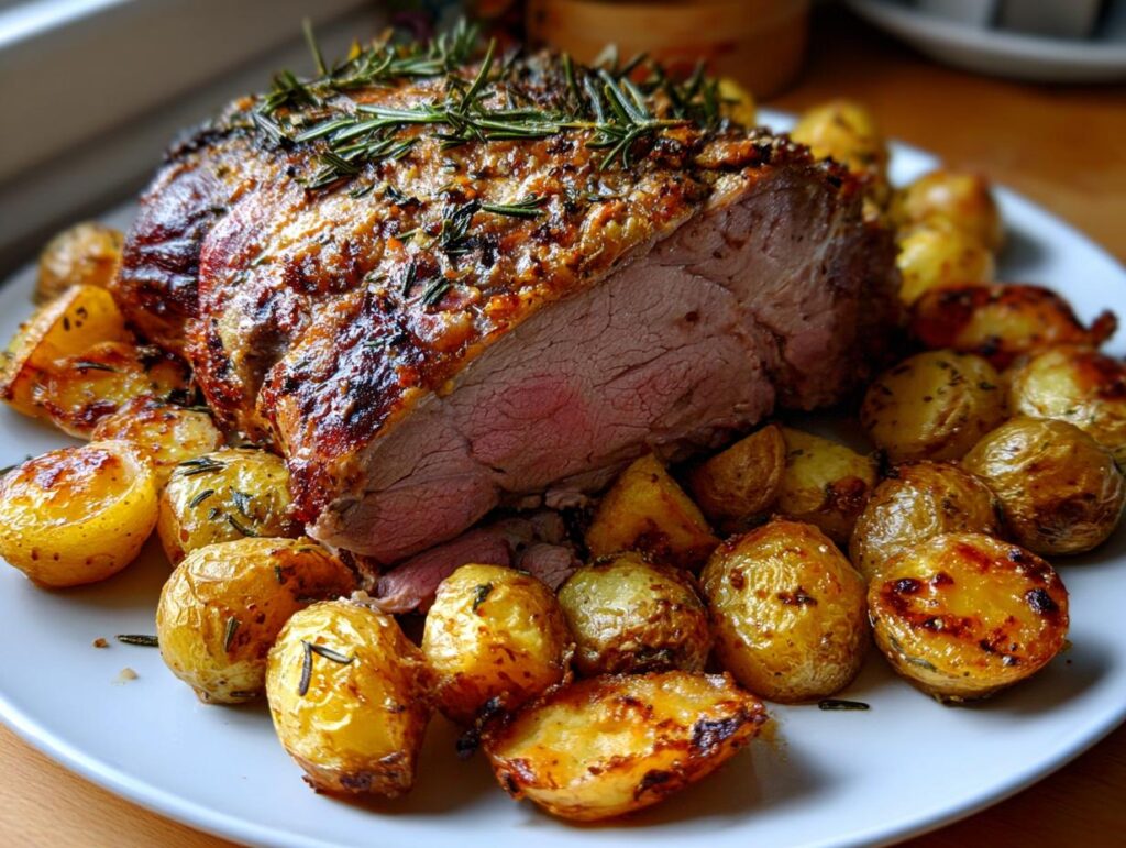 Primer plano de un jugoso cordero asado con patatas doradas, perfecto para una cena de fin de año.