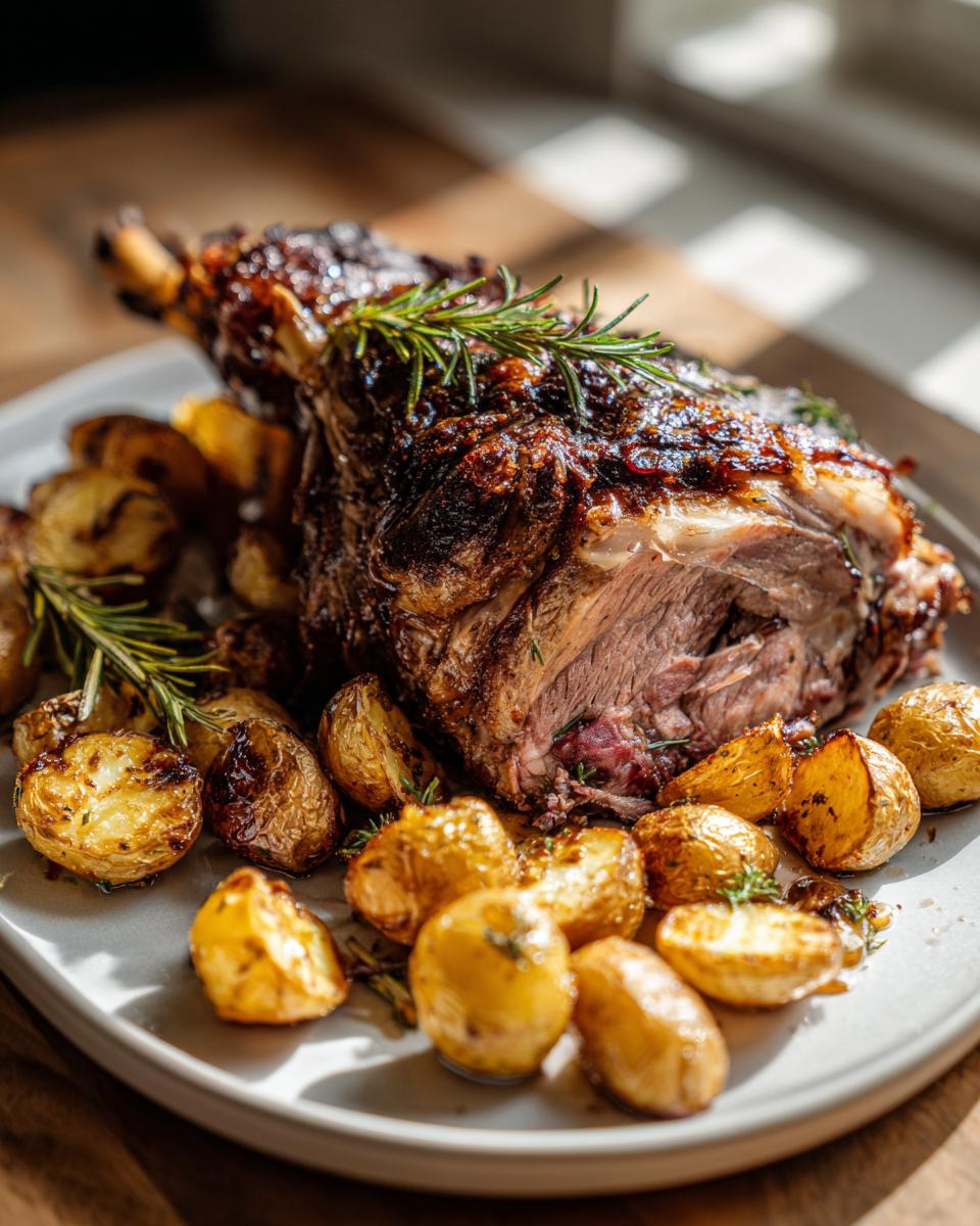 Pierna de cordero asada jugosa con patatas doradas y romero, perfecta para una cena de fin de año.