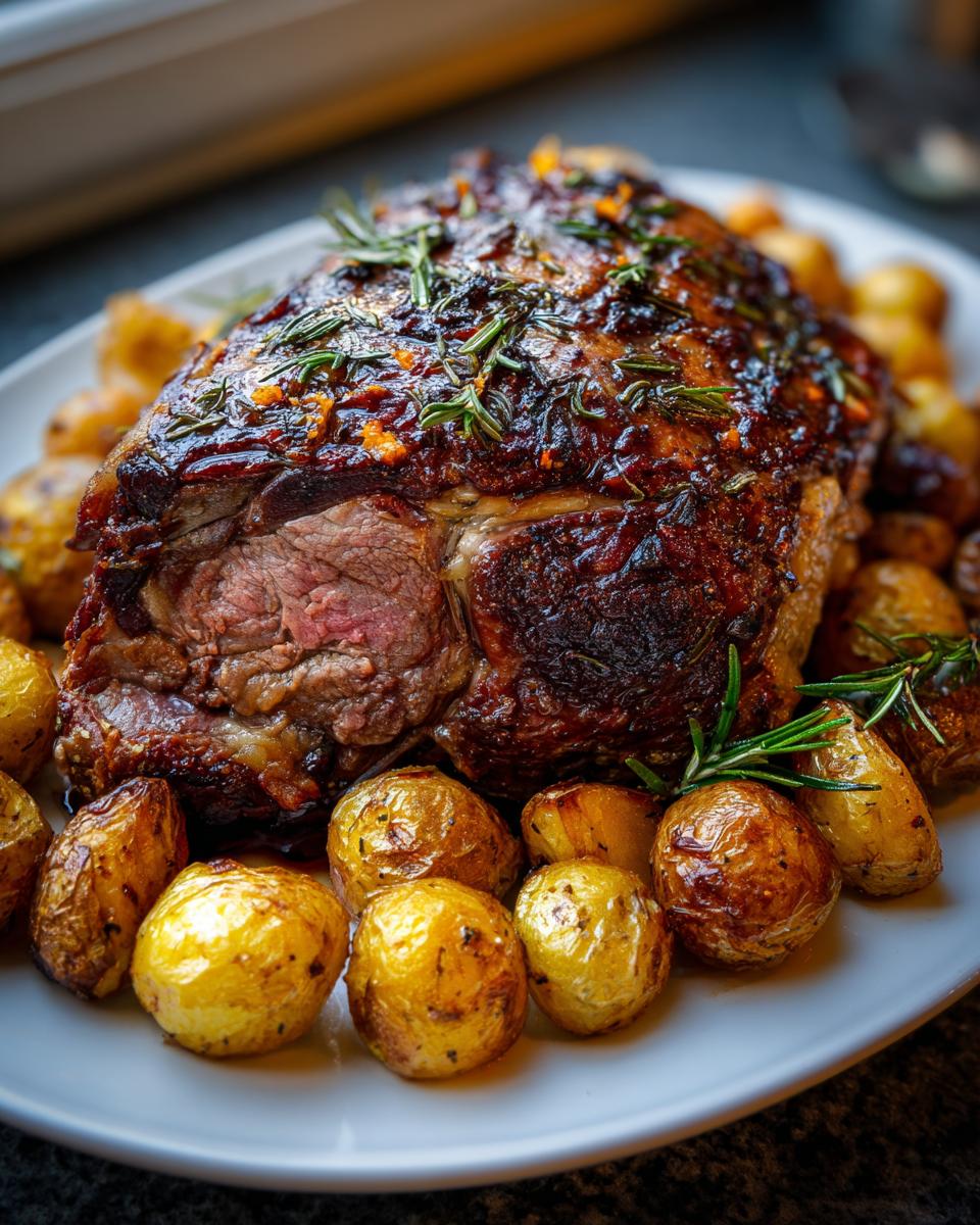 Primer plano de un jugoso cordero asado con patatas doradas, perfecto para una cena de fin de año.