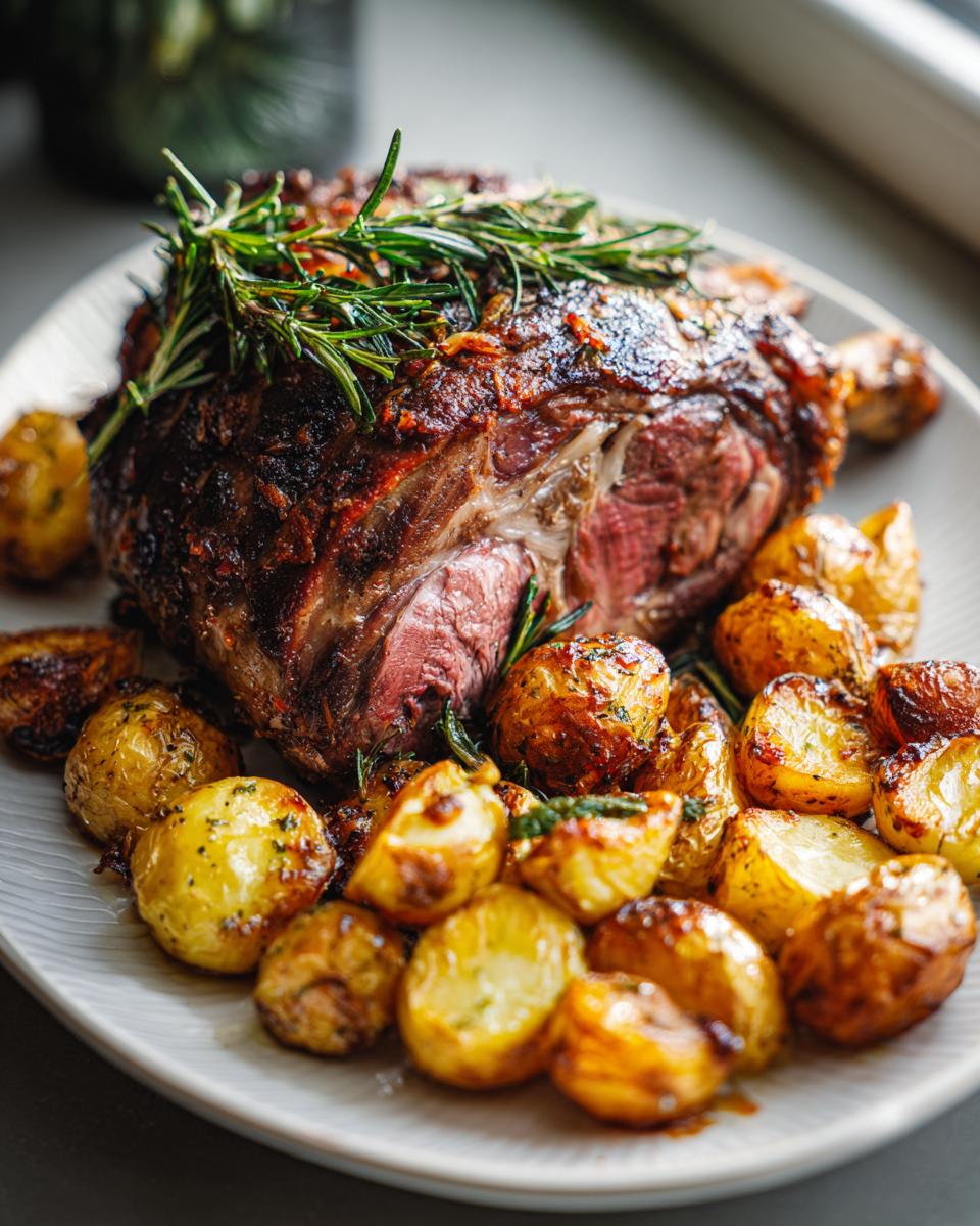 Cordero asado jugoso y dorado con patatas crujientes y romero, perfecto para una cena de fin de año.