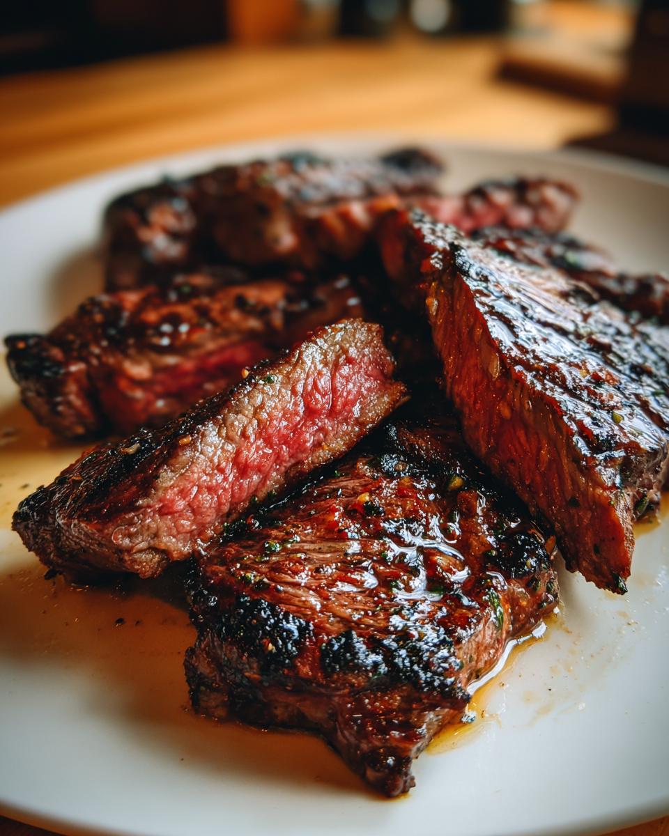 Cortes de carne asada jugosa y bien sellada en un plato blanco con textura y jugos.