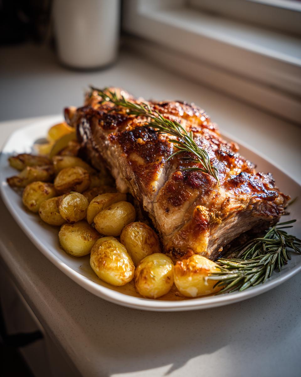 Costillar de cerdo asado acompañado de papas pequeñas y ramitas de romero en plato blanco