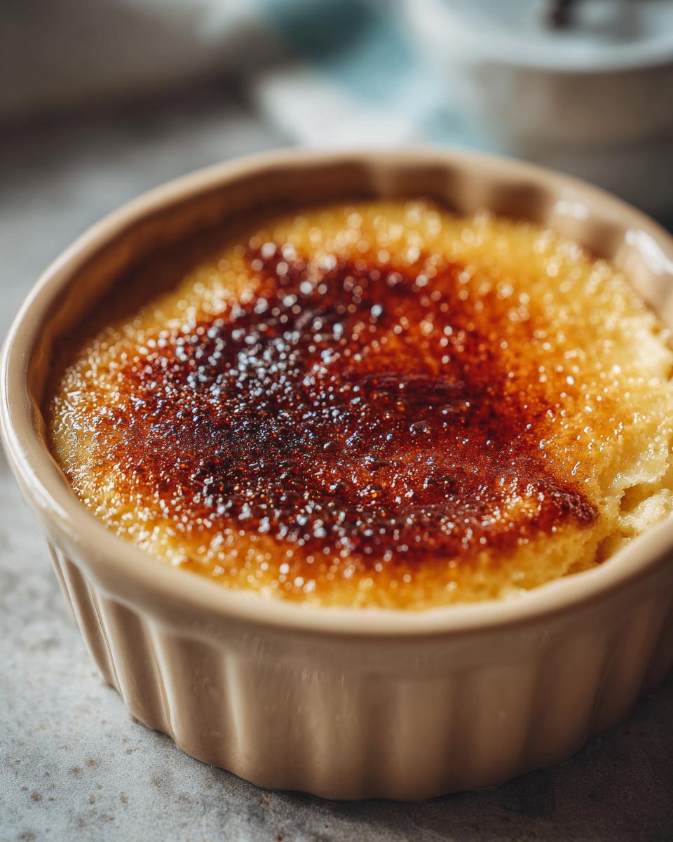 Primer plano de una crema catalana casera en un ramekin de cerámica, con la capa superior de azúcar caramelizado dorada y brillante.