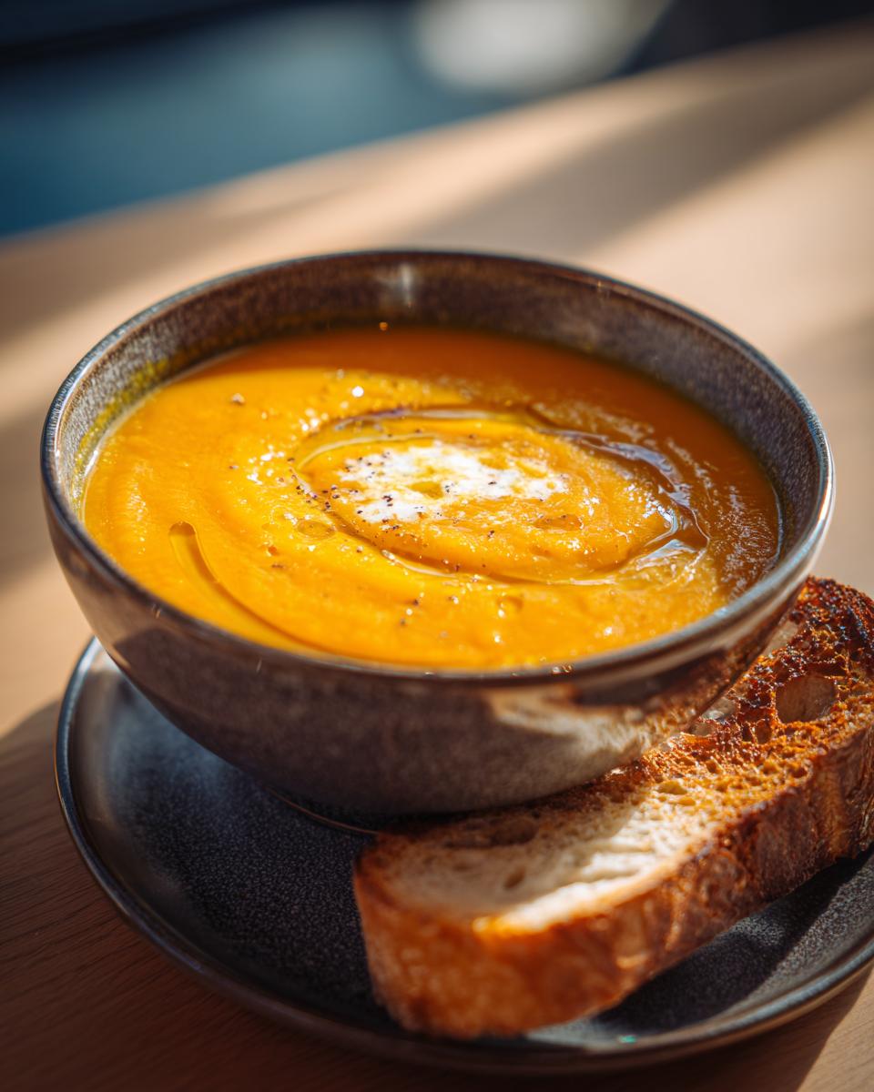 Tazón con crema de verduras de invierno de color naranja y rebanada de pan tostado al lado
