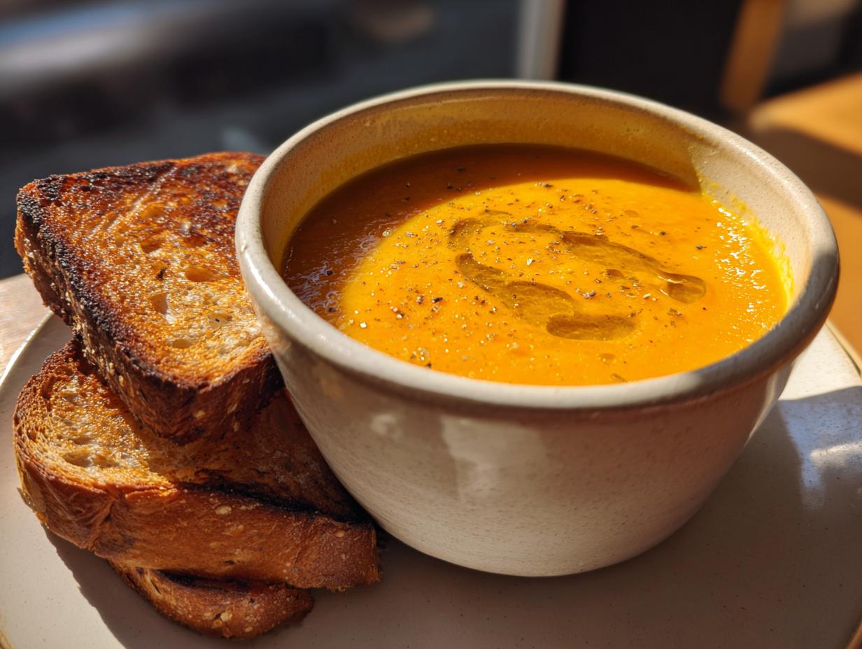 Tazón de crema de verduras de invierno acompañada con pan tostado en un plato